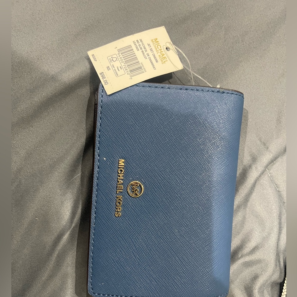 Michael Kors Blue Leather Wallet with Gold Logo